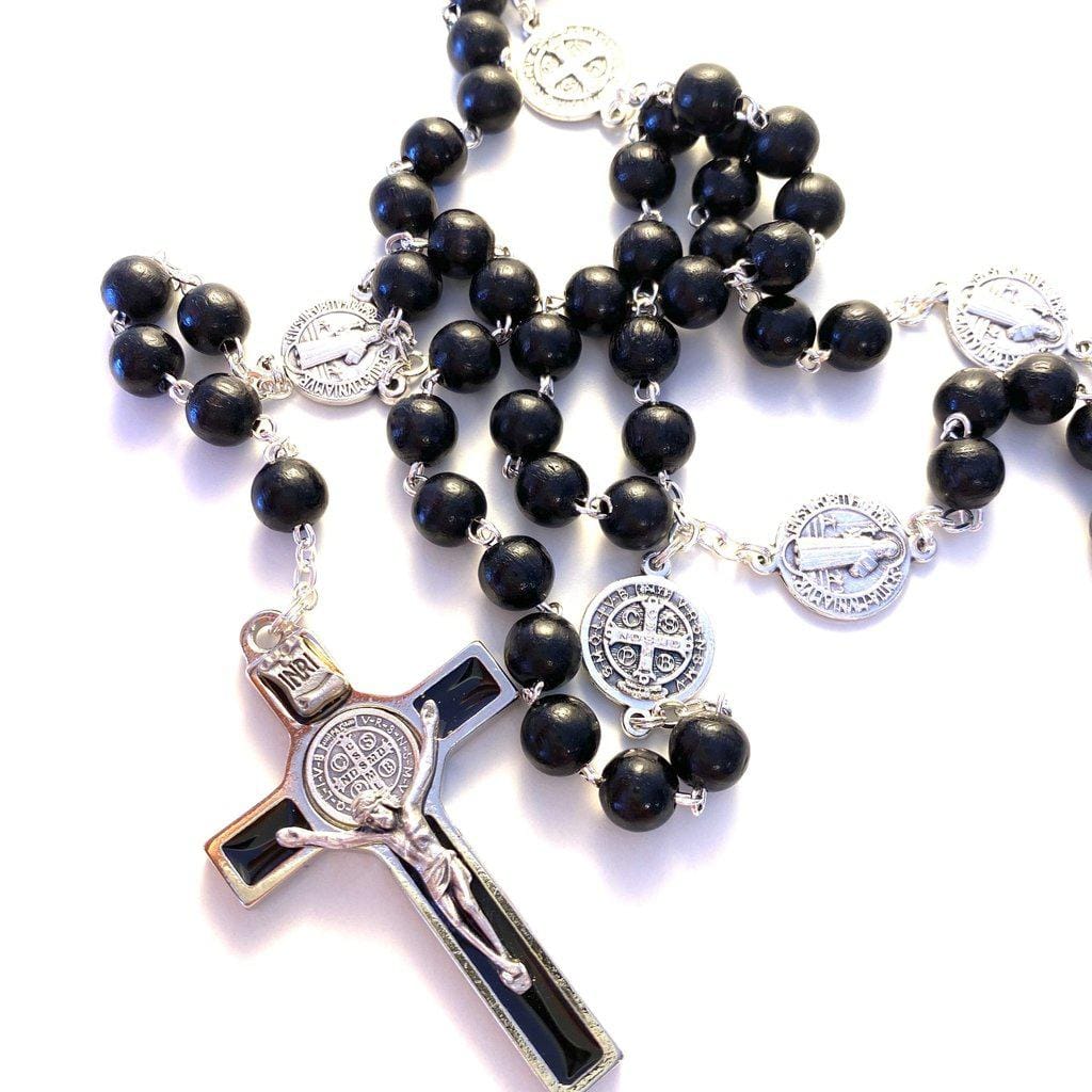St. Benedict Black Wooden Rosary - Blessed By Pope - San Benito-Catholically