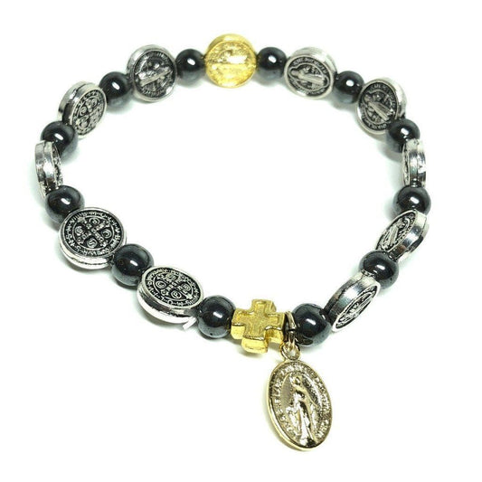 St. Benedict hematite Bracelet - elastic band - Celtic Cross -Blessed by Pope - Catholically