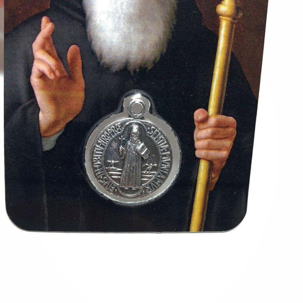 St. Benedict Holy Card with embedded medal - Exorcism - San Benito - Catholically
