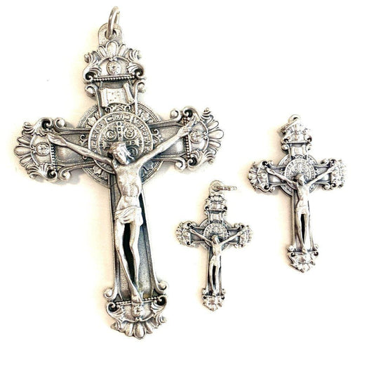 Caritas et Fides Pack of 5 - St Benedict Crucifix Cross for Rosary Making -  Large 2 Inch Silver Oxidized Crucifix Rosary Part for St Benedict Rosary