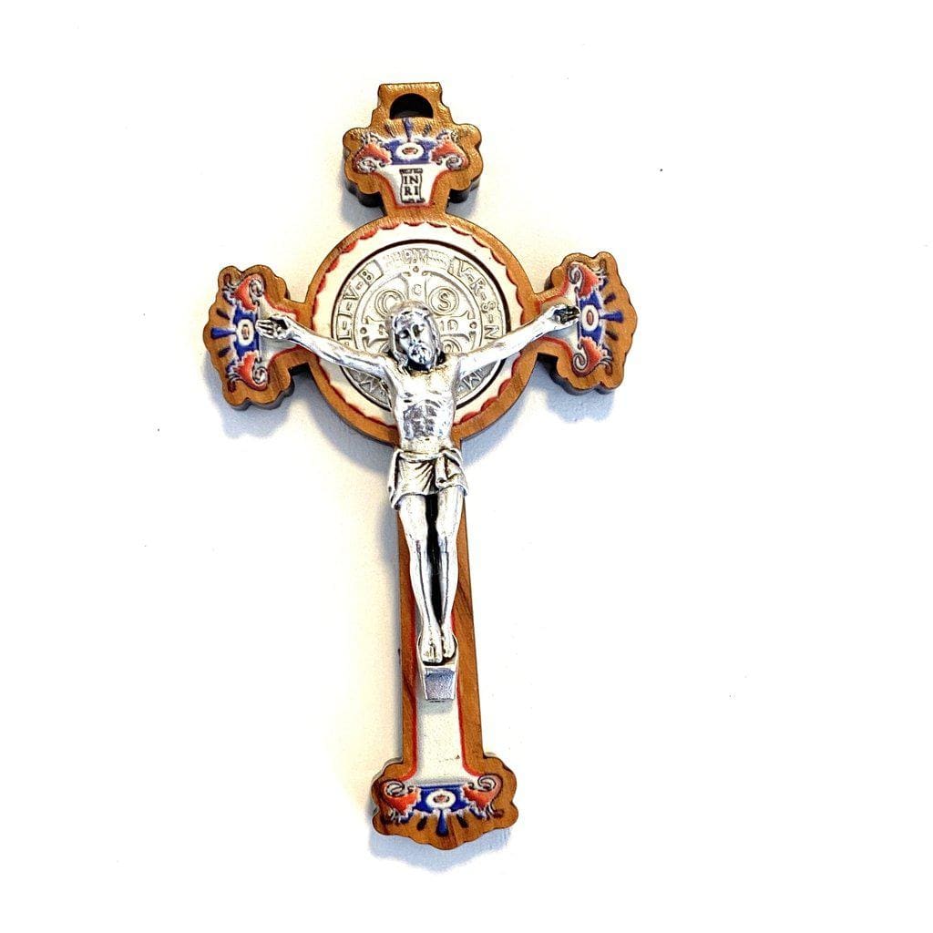St. Benedict Painted 3" Olive Wood Crucifix - Exorcism - Pectoral Cross-Catholically