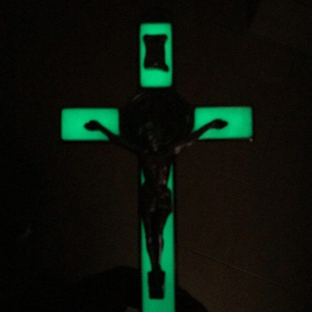 St. Benedict Wall Crucifix - Exorcism Cross - Blessed - 7.5" White Fluorescent-Catholically