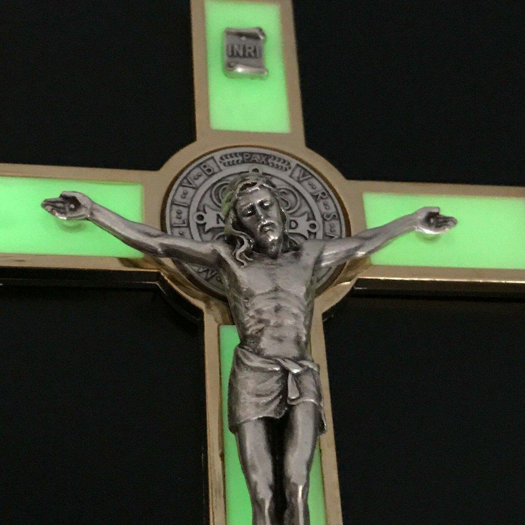 St. Benedict Wall Crucifix - Exorcism Cross - Blessed 7.5" White Fluorescent-Catholically