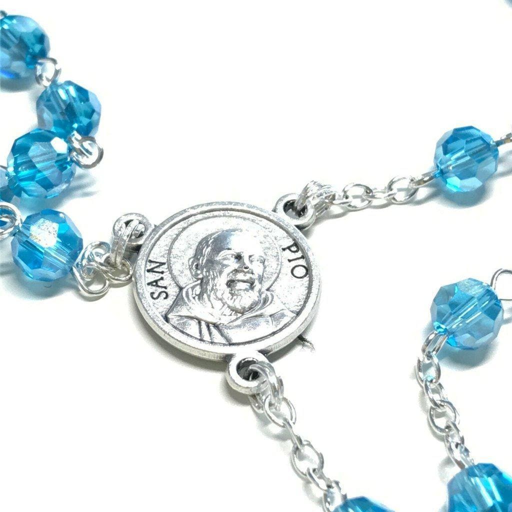 St Father Pio - Ab Blue Crystal Blessed Rosary W/ 2Nd Class Relic - Padre Pio-Catholically