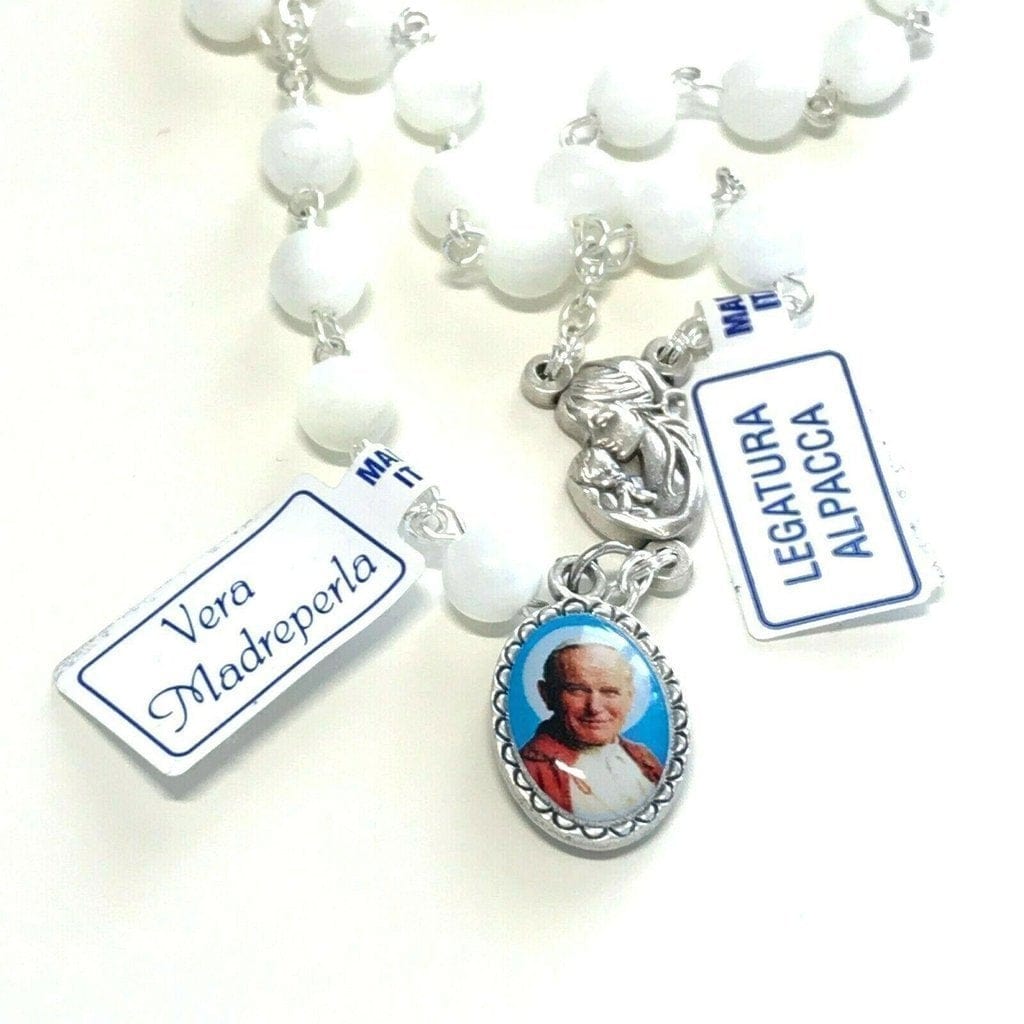 St. John Paul II - Mother of Pearl Rosary -Relic ex-indumentis medal -Blessed - Catholically