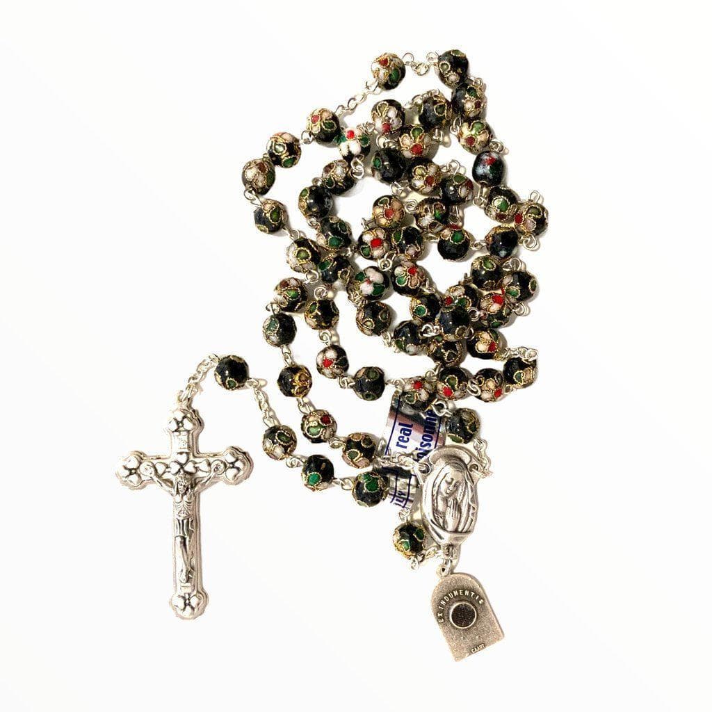 St. Padre Pio Relic Black Cloisonne Rosary - Blessed By Pope Francis-Catholically