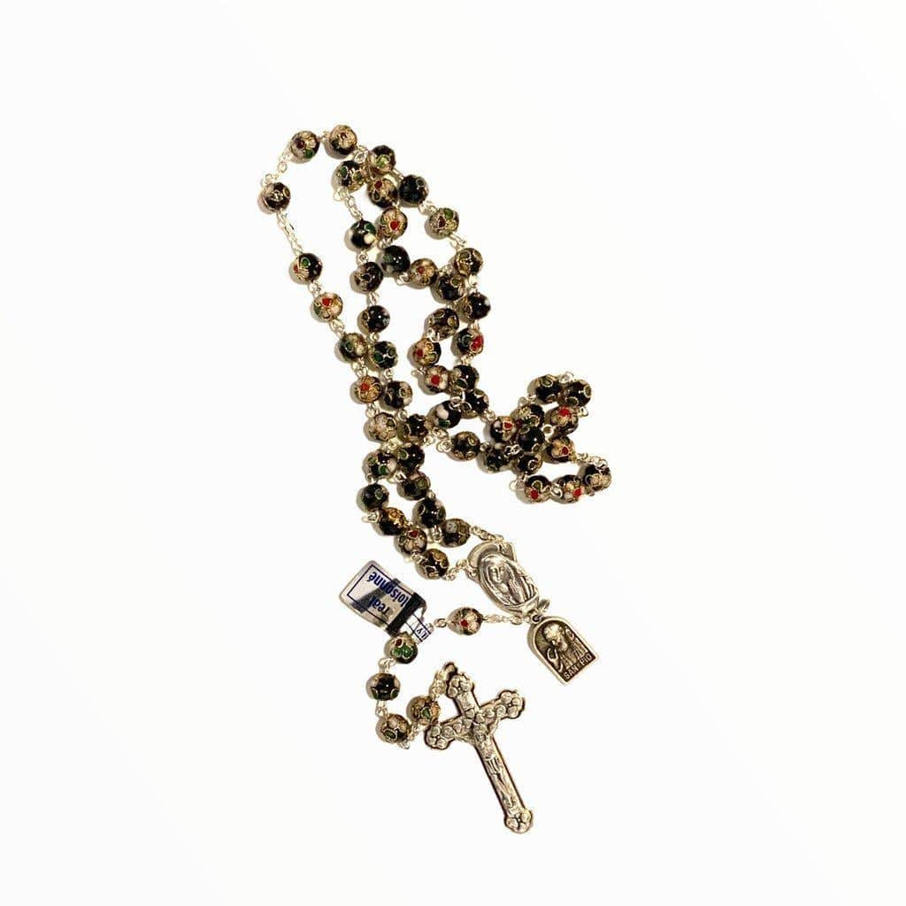 St. Padre Pio Relic Black Cloisonne Rosary - Blessed By Pope Francis-Catholically