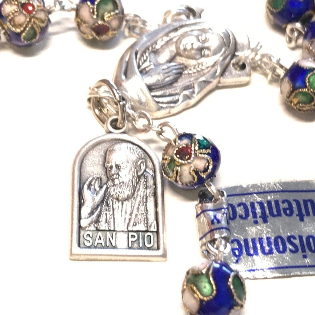 St. Padre Pio relic BLUE Cloisonne Rosary  - Blessed by Pope Francis - Catholically