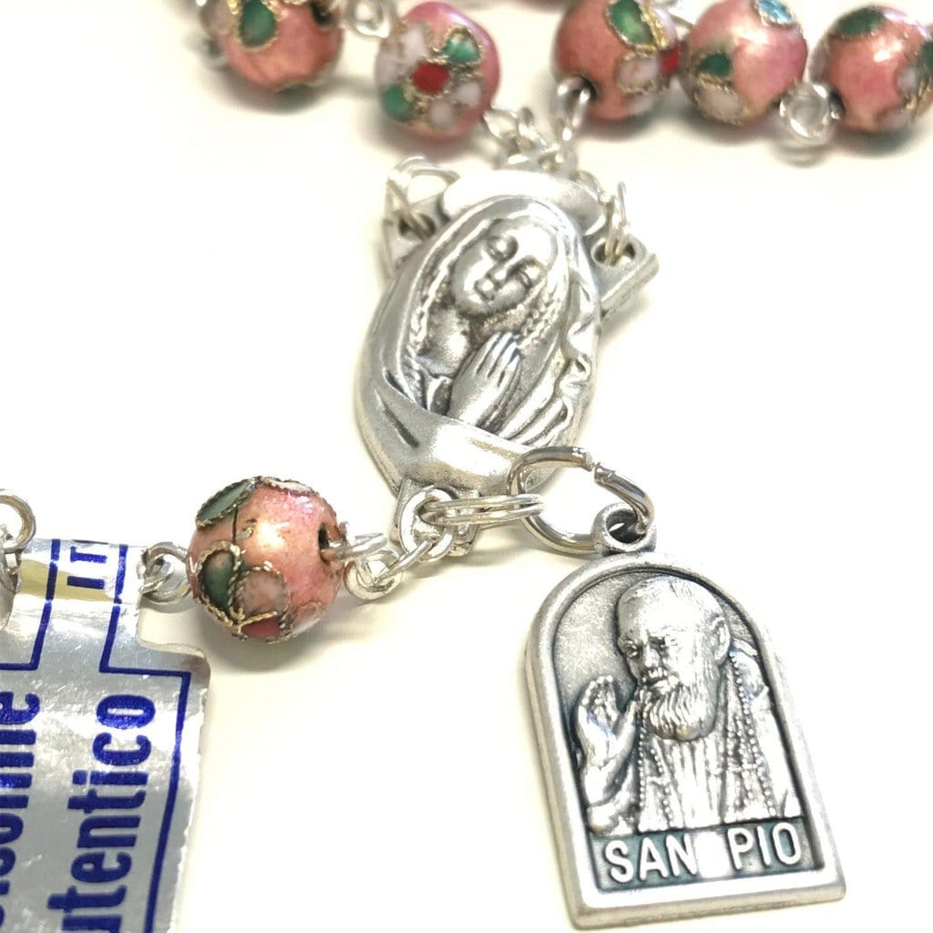 St. Padre Pio relic PINK Cloisonne Rosary  - Blessed by Pope Francis - Catholically