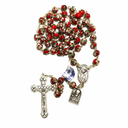 St. Padre Pio Relic Red Cloisonne Rosary - Blessed By Pope Francis-Catholically