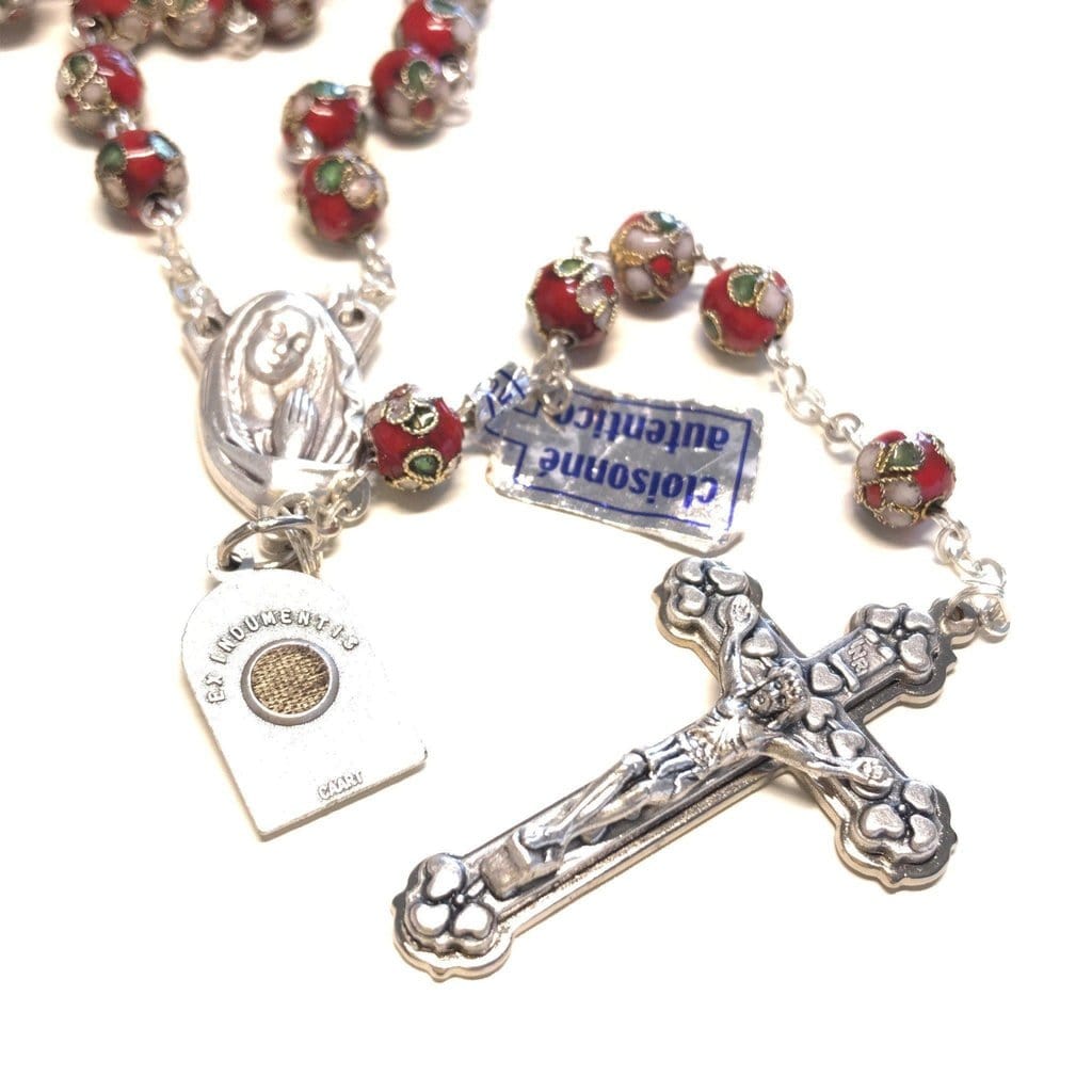 St. Padre Pio relic RED Cloisonne Rosary  - Blessed by Pope Francis - Catholically