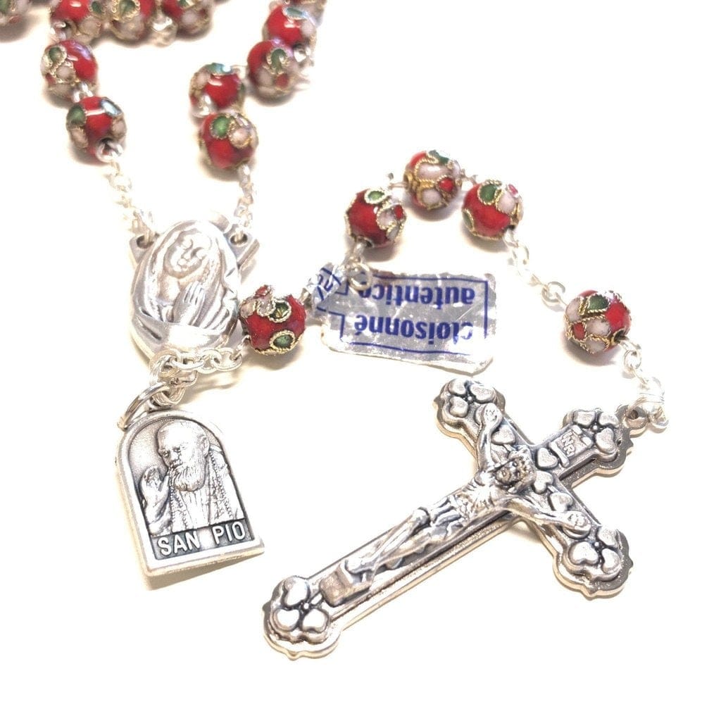 St. Padre Pio relic RED Cloisonne Rosary  - Blessed by Pope Francis - Catholically
