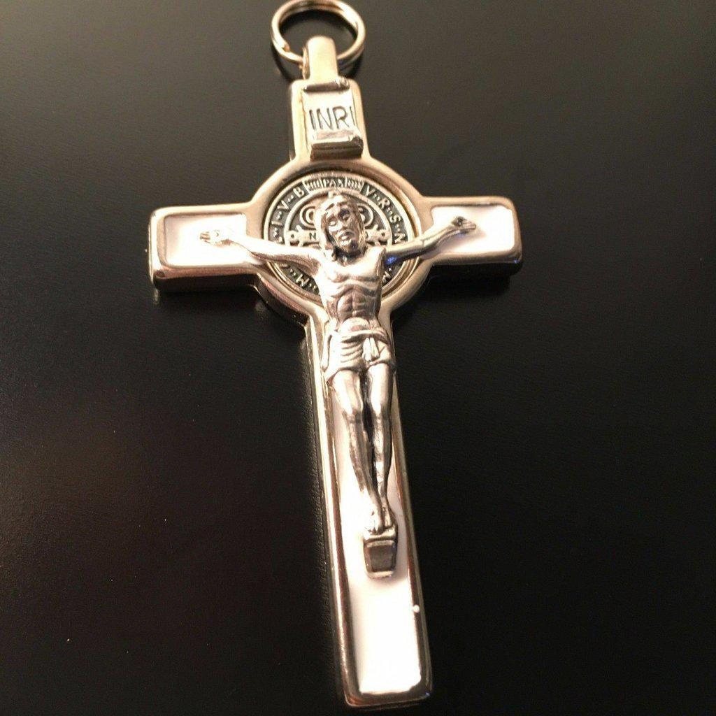 White 3 Saint St. Benedict Crucifix - Exorcism- Cross - Blessed - San Benito - Catholically