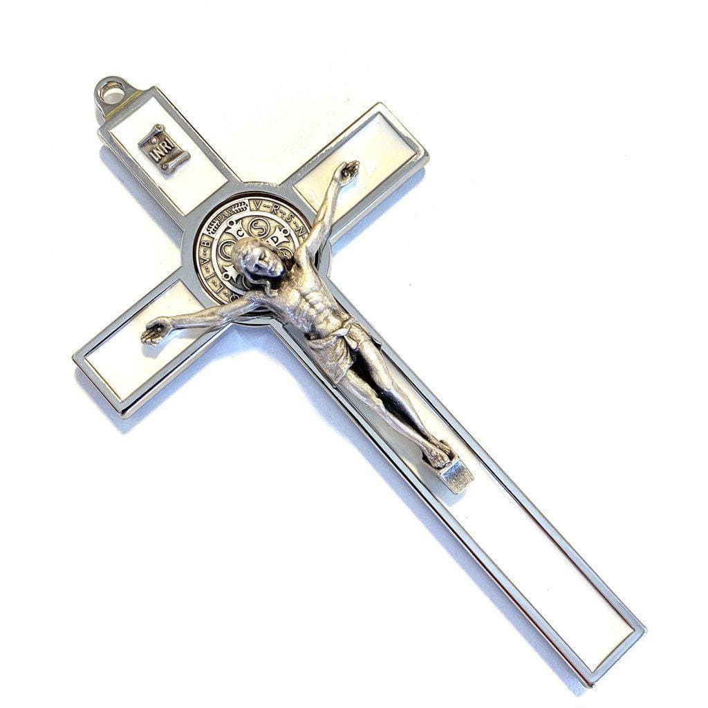 White 5" Saint St. Benedict Wall Crucifix - Exorcism Cross - Blessed By Pope-Catholically
