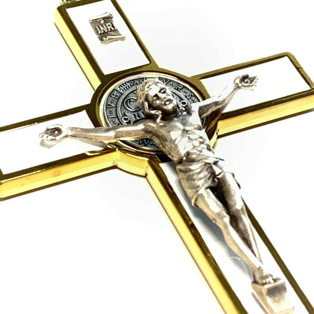 WHITE 5 St. Benedict Cross Crucifix -Exorcism -Saint -Blessed -San Benito - Catholically