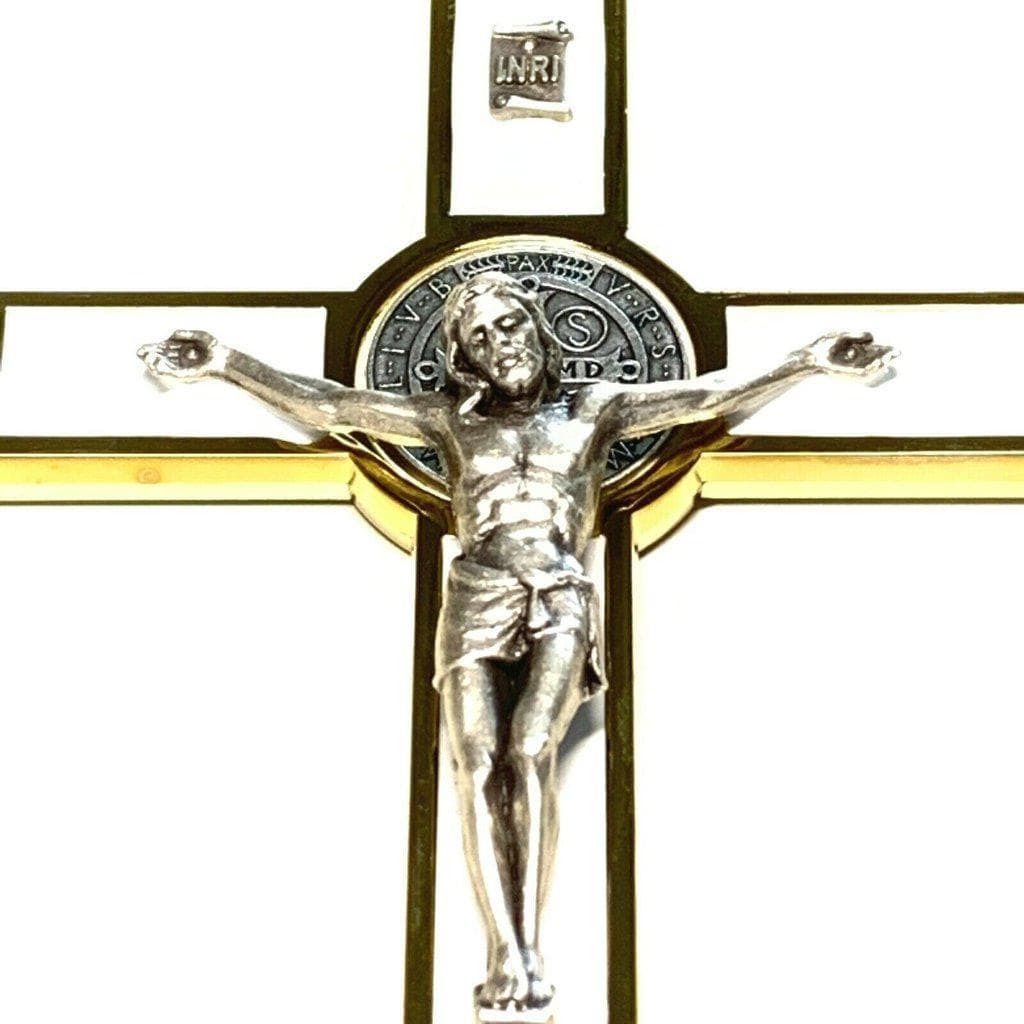 WHITE 5 St. Benedict Cross Crucifix -Exorcism -Saint -Blessed -San Benito - Catholically