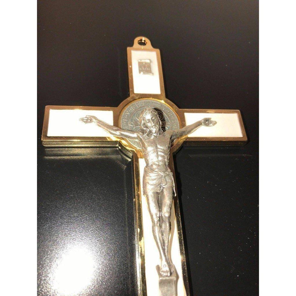 White 7.5" St. Benedict Cross Crucifix -Exorcism -Saint -Blessed -San Benito-Catholically