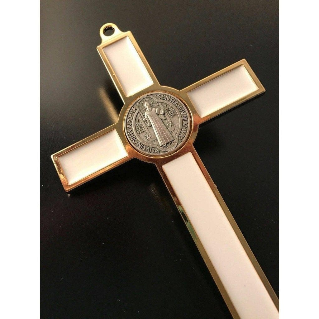 White 7.5" St. Benedict Cross Crucifix -Exorcism -Saint -Blessed -San Benito-Catholically