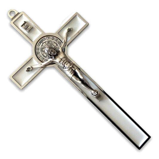 White 7.5" St. Benedict Cross Crucifix - Exorcism - San Benito-Catholically