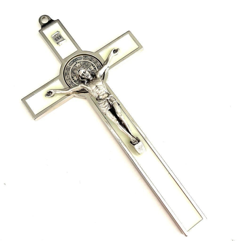 White Glow In The Dark 7.5" St. Benedict Cross Crucifix -Exorcism -San Benito-Catholically
