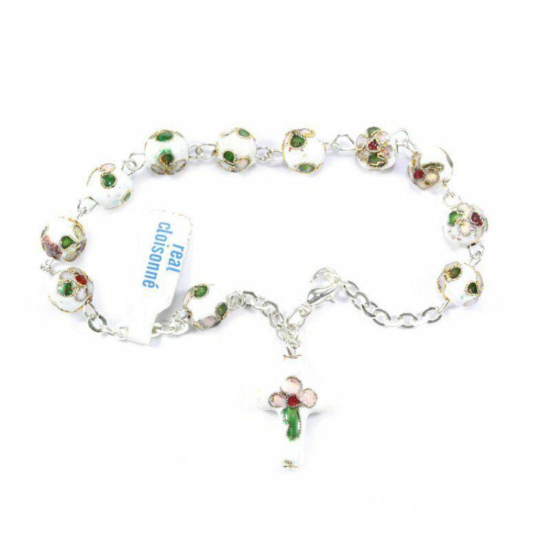 White Cloisonne Rosary bracelet Glass - Blessed by Pope - Catholically