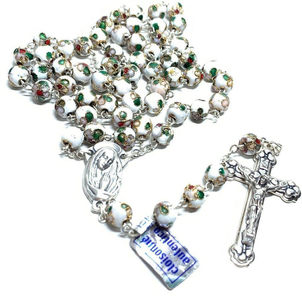 White Cloisonne Rosary Virgin Mary - Blessed By Pope Francis-Catholically