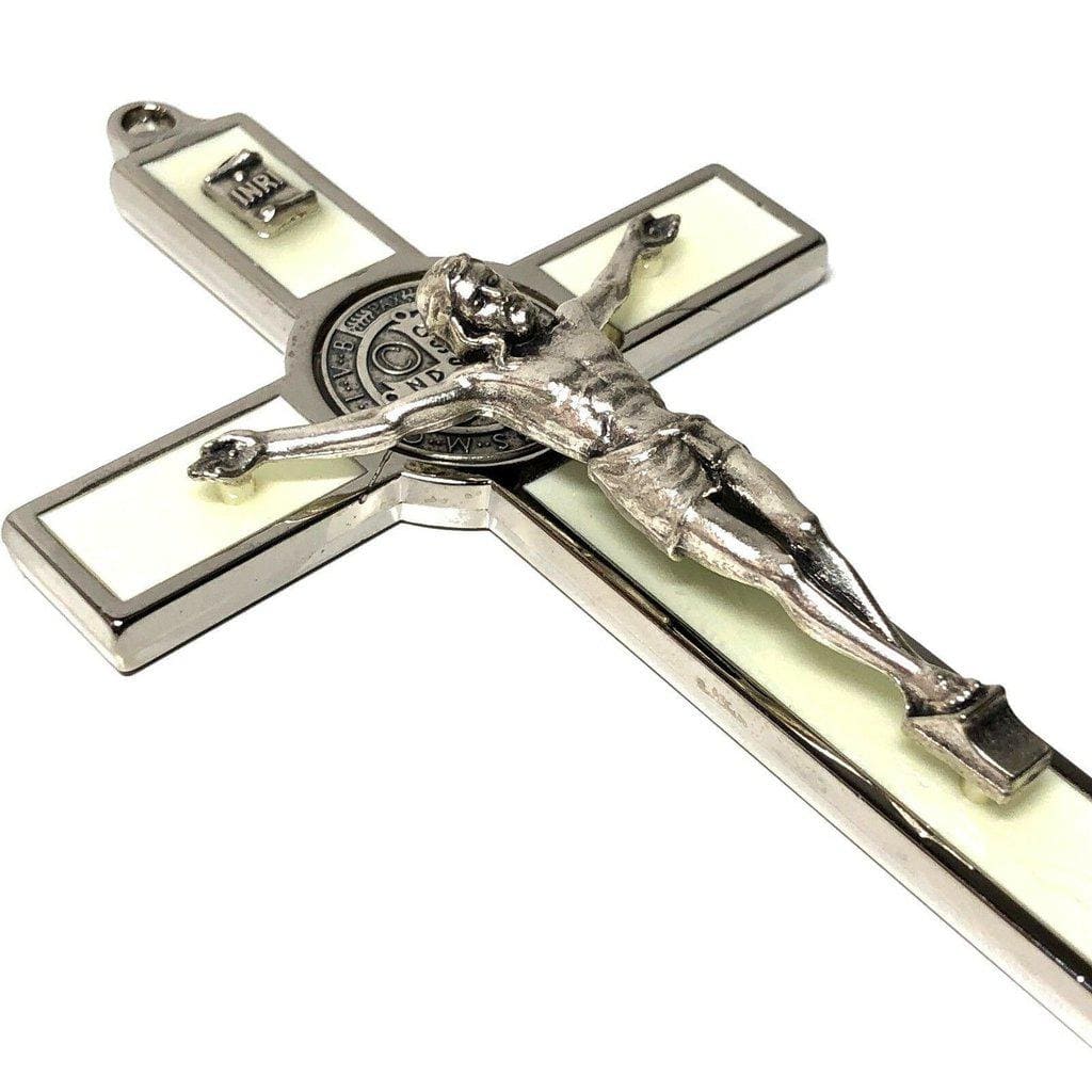 WHITE GLOW IN THE DARK 5 St. Benedict Cross Crucifix -Exorcism  -San Benito - Catholically
