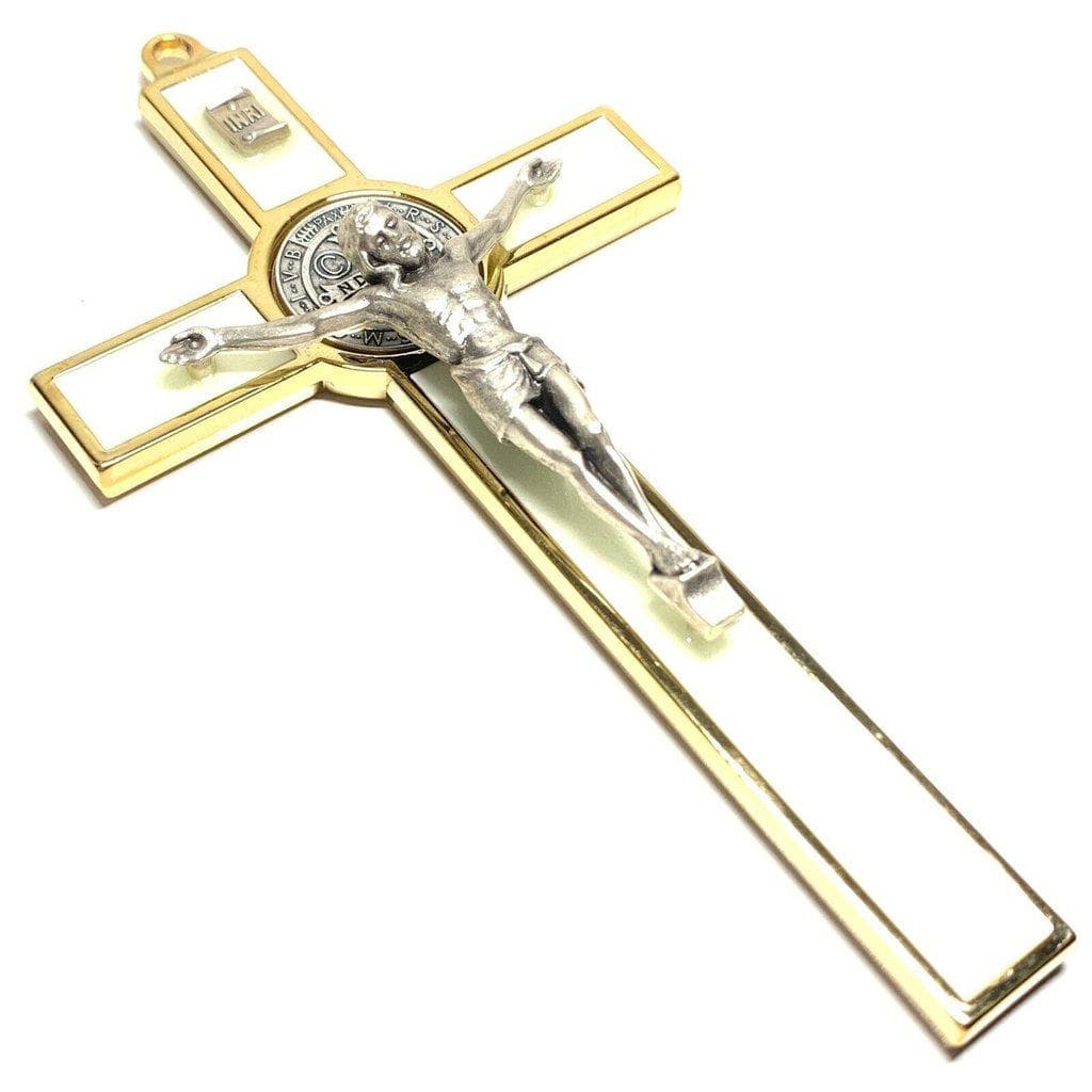 WHITE Fluorescent 5" St. Benedict Golden Cross Crucifix Exorcism -San Benito - Catholically