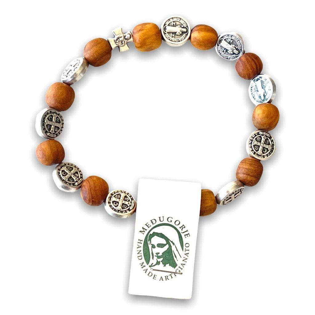 Wooden Saint St. Benedict Medal Stretch Bracelet Blessed By Pope-Catholically