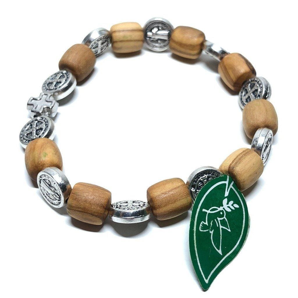 Wooden Saint St. Benedict Medal stretch bracelet blessed by Pope - Catholically