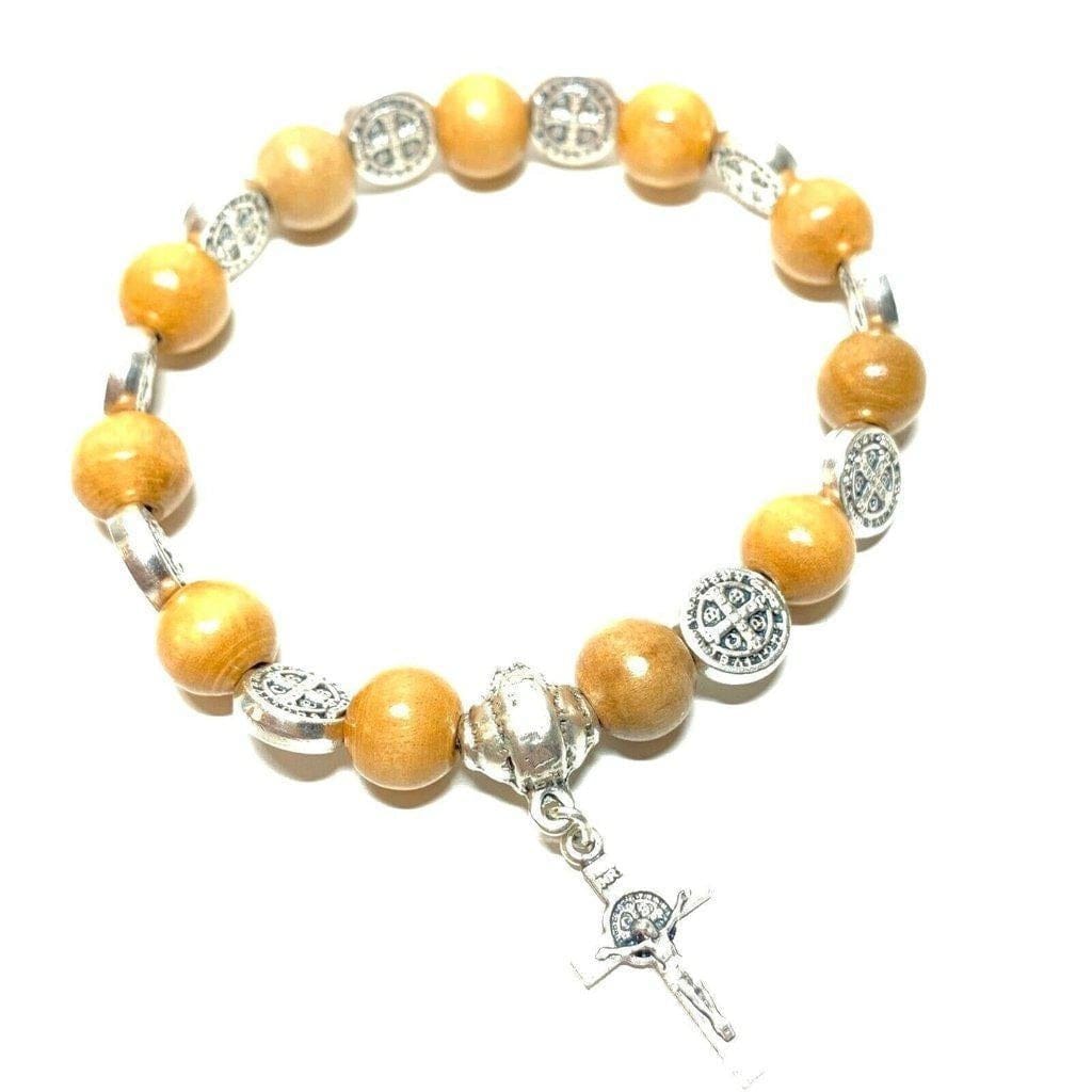 Wooden Saint St. Benedict Medal stretch bracelet blessed by Pope w/ cross - Catholically