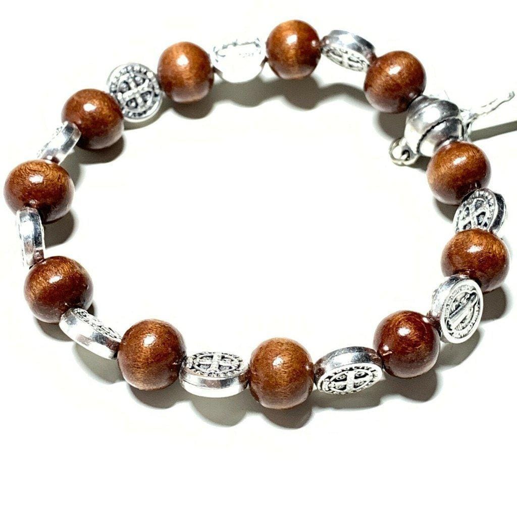 Wooden Saint St. Benedict Medal Stretch Bracelet Blessed By Pope W/ Cross-Catholically