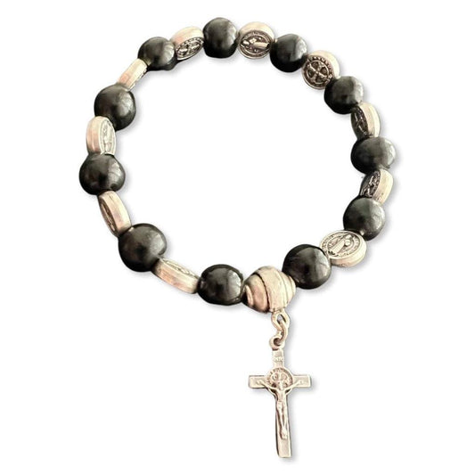 Catholically Bracelet Wooden Saint St. Benedict Medal Stretch Bracelet Blessed By Pope W/ Cross