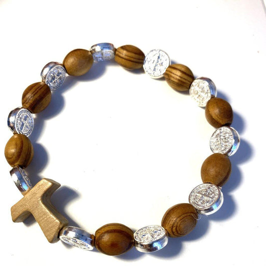 Wooden Saint St. Benedict Medal Stretch Bracelet Blessed By Pope-Catholically